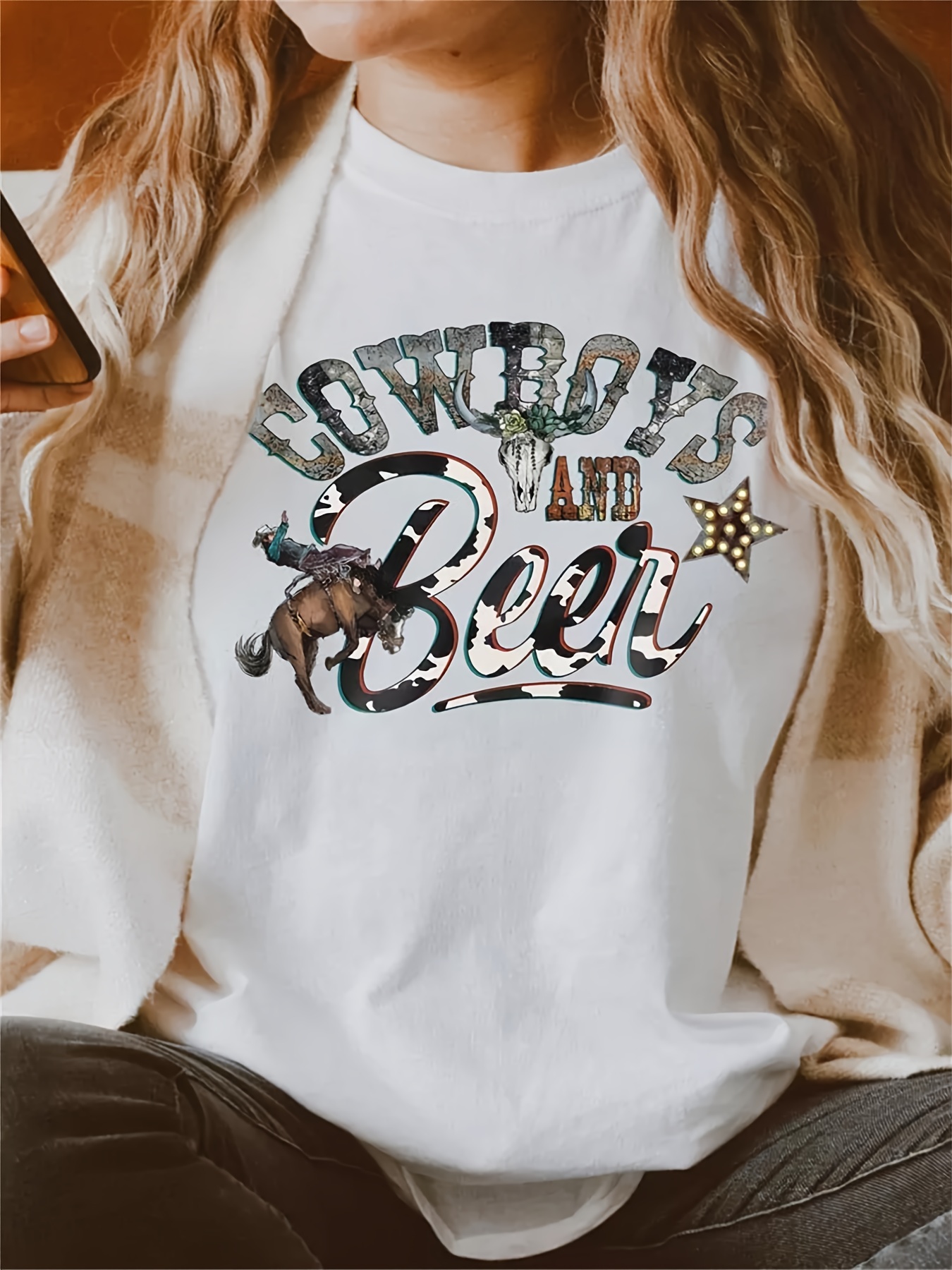 Vintage Cowboys Beer Cow Skull Print Western Retro Graphic T Shirt Short  Sleeve Crew Neck Casual Top For All Season Womens Clothing - Clothing,  Shoes & Jewelry - Temu