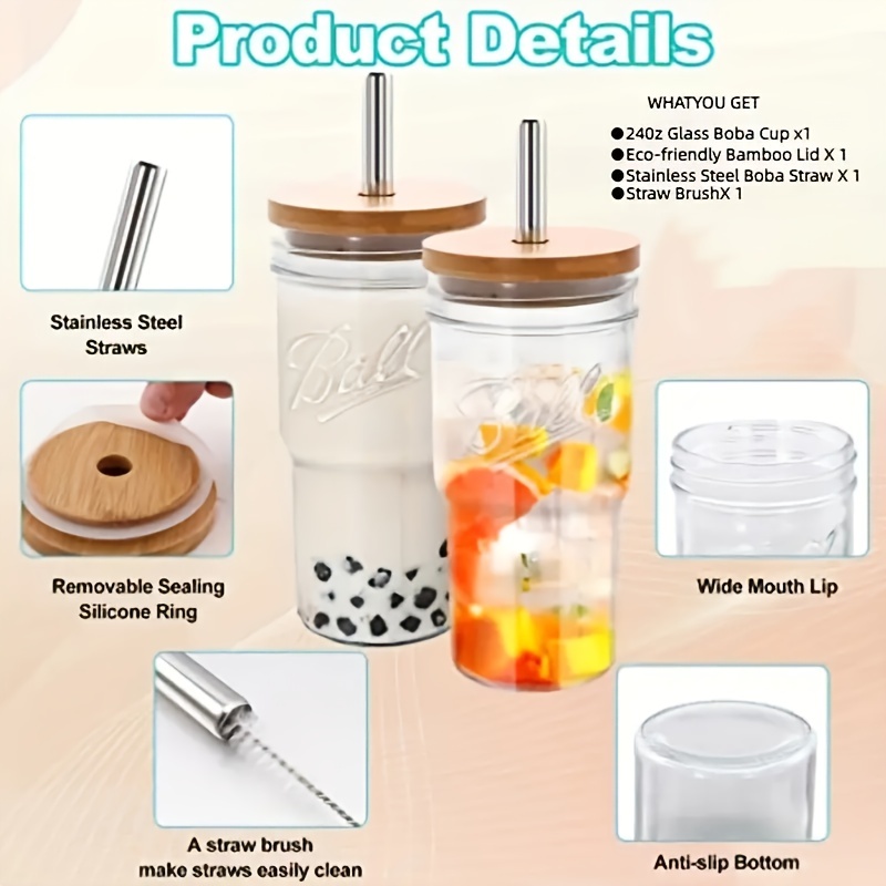 Mason Jar Drinking Glasses With Bamboo Wood Lid And Straw And Straw Brush  Reusable Boba Cup, Iced Coffee Glasses, Travel Tumbler - Temu