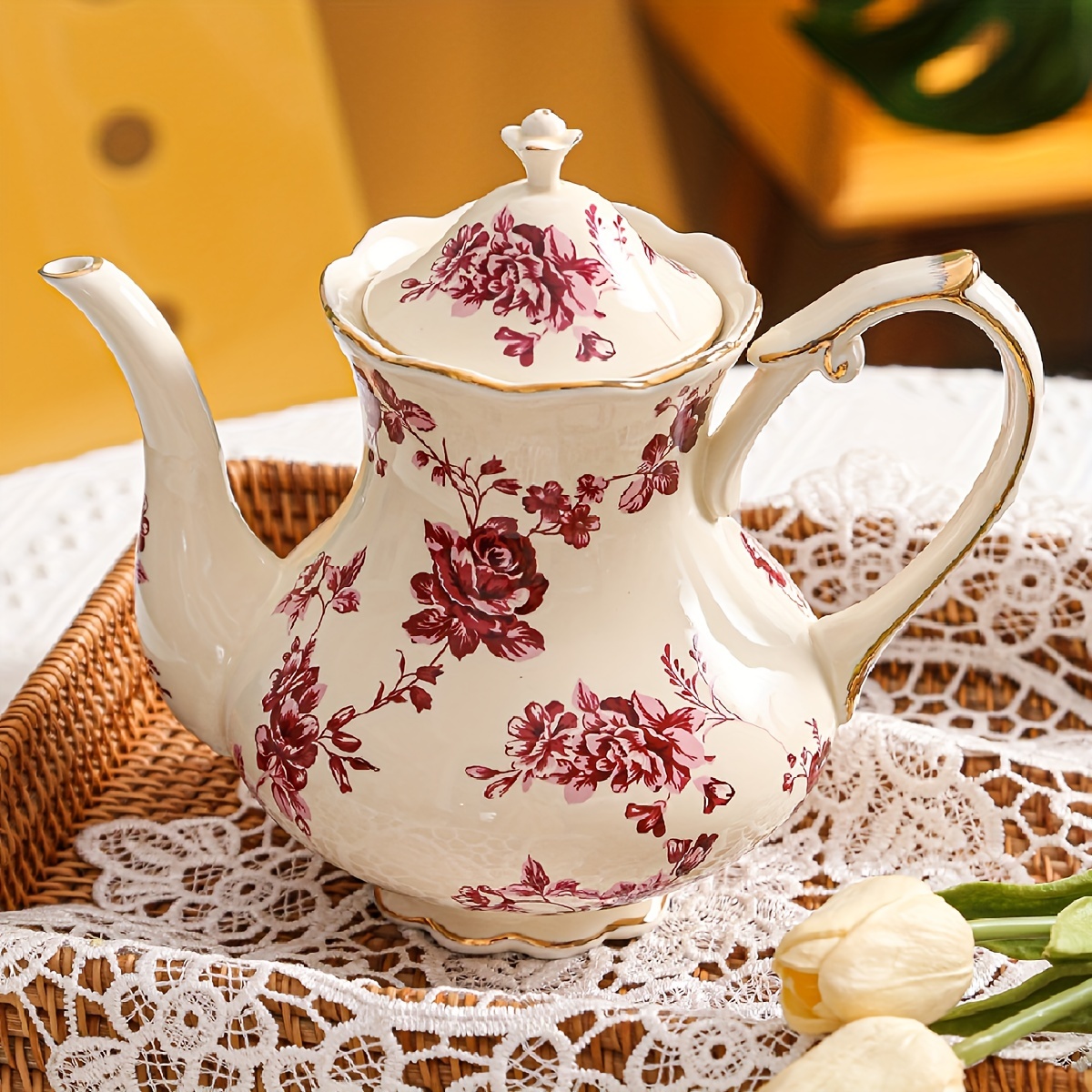 Tetera de porcelana de estilo europeo, cafetera y tetera de agua, hervidor  de cerámica vintage (42 onzas)