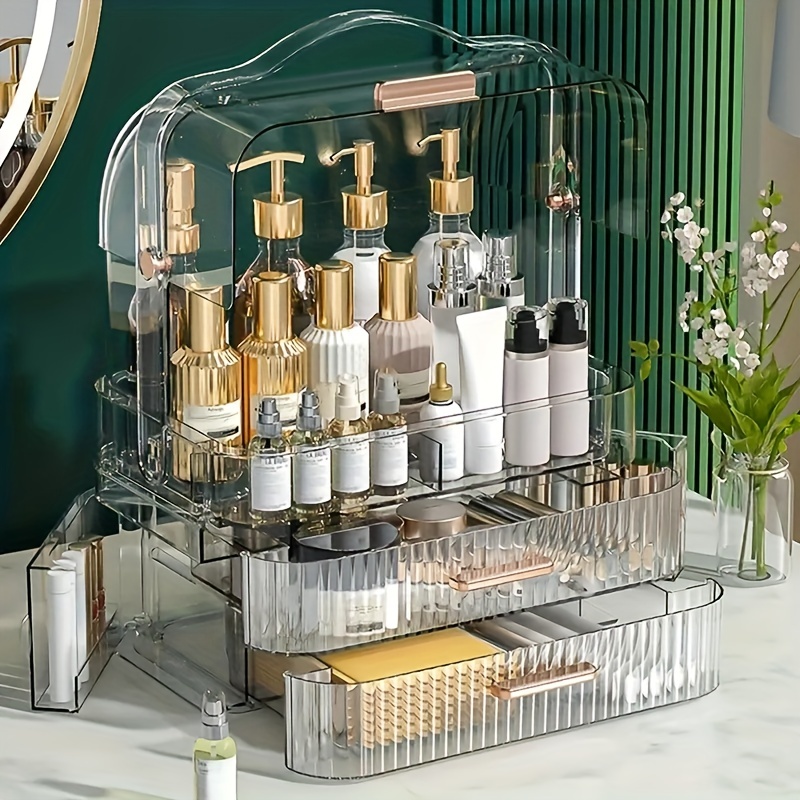 1pc Double Layer Transparent Perfume Storage Box Skincare Product Display  Case, Anti-dust Large Capacity Desktop Dressing Table Cosmetic Organizer