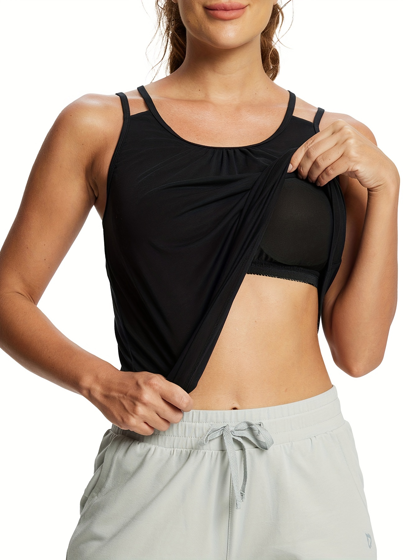  Loose-Fitting Tank Top with Built-in Bra, Women's Tank Top with Built  in Bras, Adjustable Summer Cami Shirts (Black,S) : Sports & Outdoors