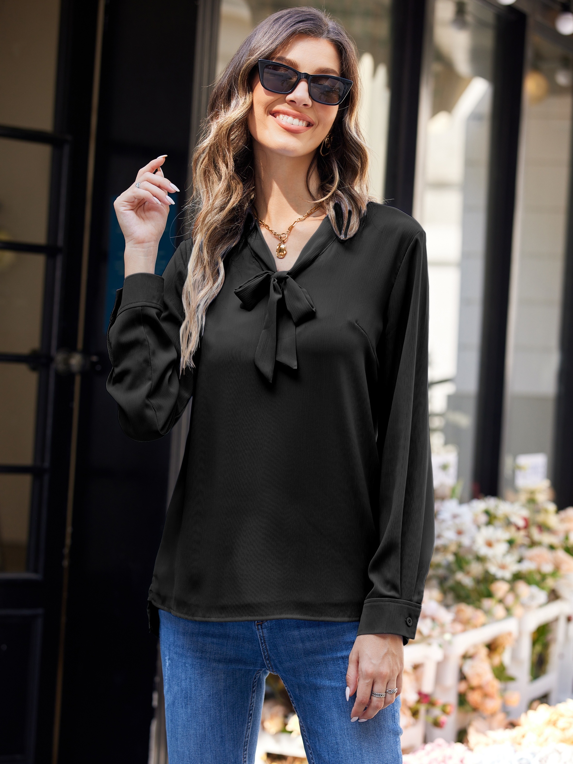 Blusa sólida com decote em V e nó frontal, blusa elegante de manga