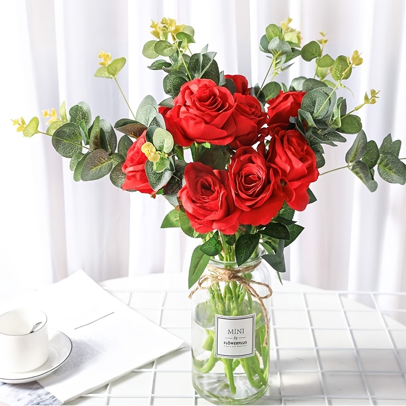 12 piezas de rosas artificiales de terciopelo de seda realistas, ramo de  rosas largas para decoración del hogar, boda, fiesta (blanco)