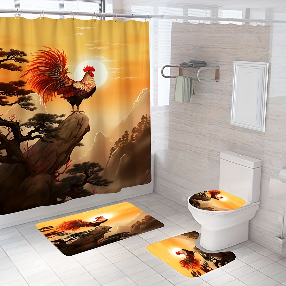 Rooster Idyllic Aesthetic Art Decoration Shower Curtain Set - Temu