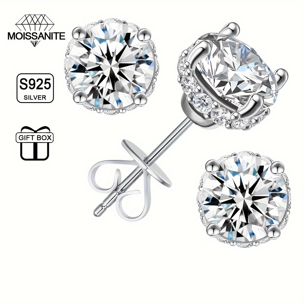 

2pcs 925 Sterling Silver 1ct Moissanite Stud Earrings, Fashion Birthday Gift, Valentine's Day, New Year Gift With Gift Box