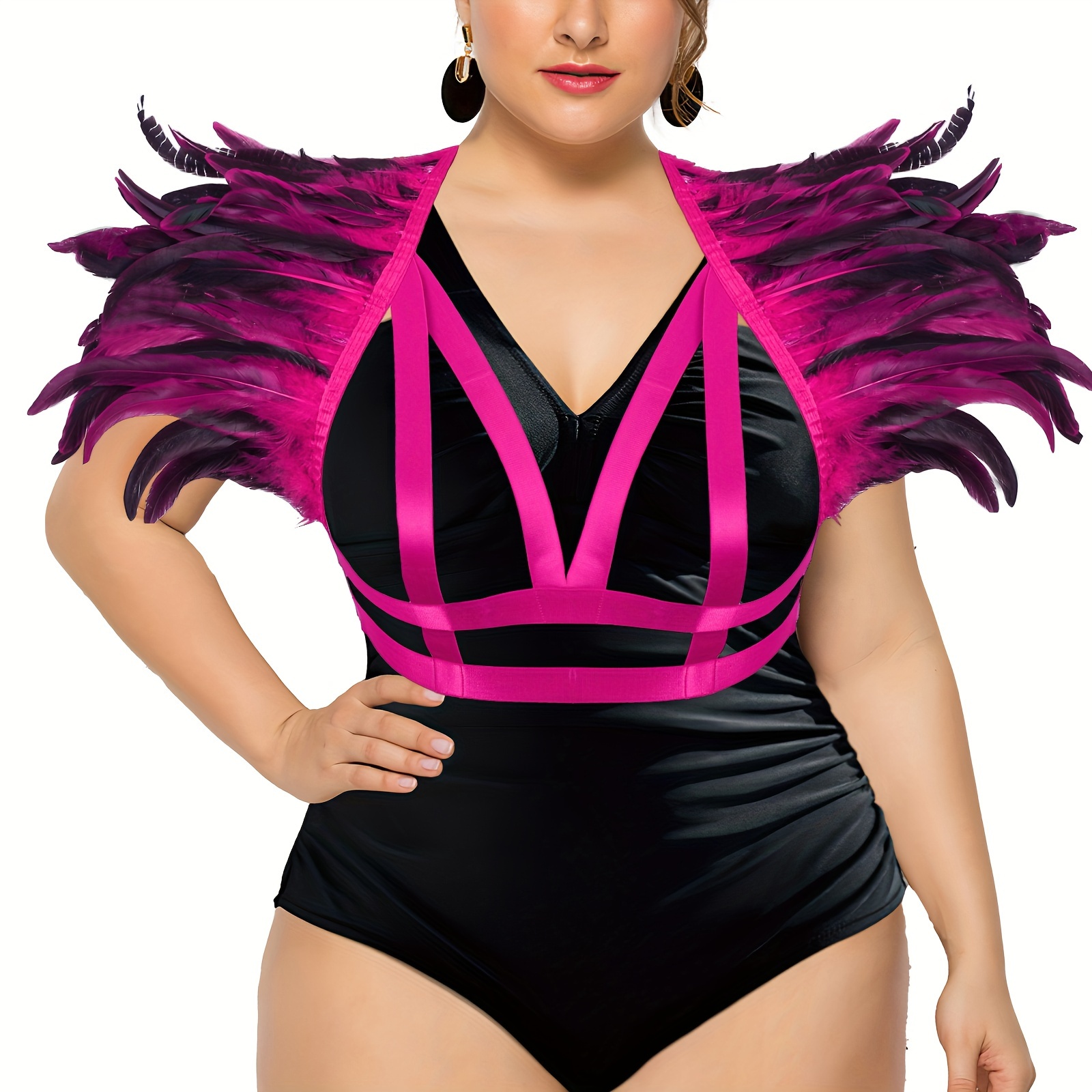 Plus Size Faux Feather Harness Women Gothic Hollow Body - Temu