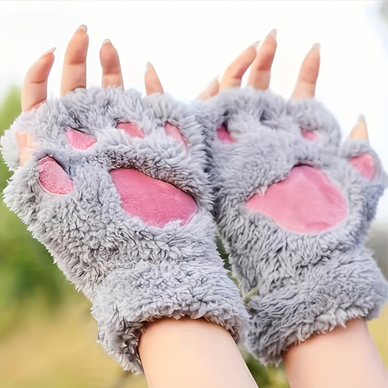 

Cute Cartoon Cat Paw Gloves Short Half Finger Plus Velvet Thickened Warm Plush Gloves Autumn Winter Stretchy Coldproof Writing Gloves