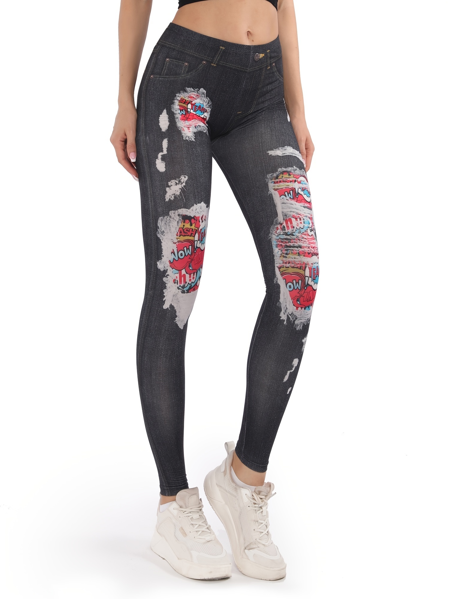 Stylish Denim Print Skinny Stretchy Leggings Fashion High - Temu