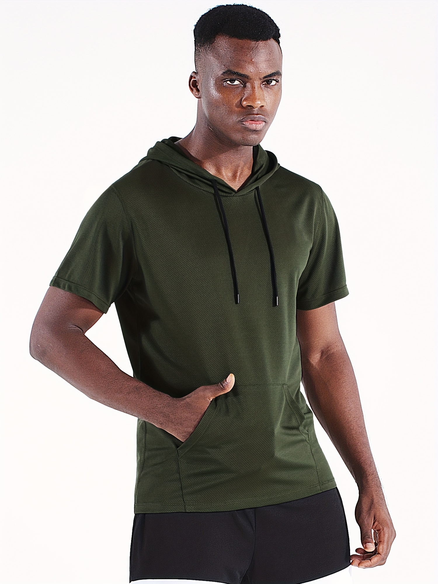 men's quick dry polyester hooded t shirt pocket breathable