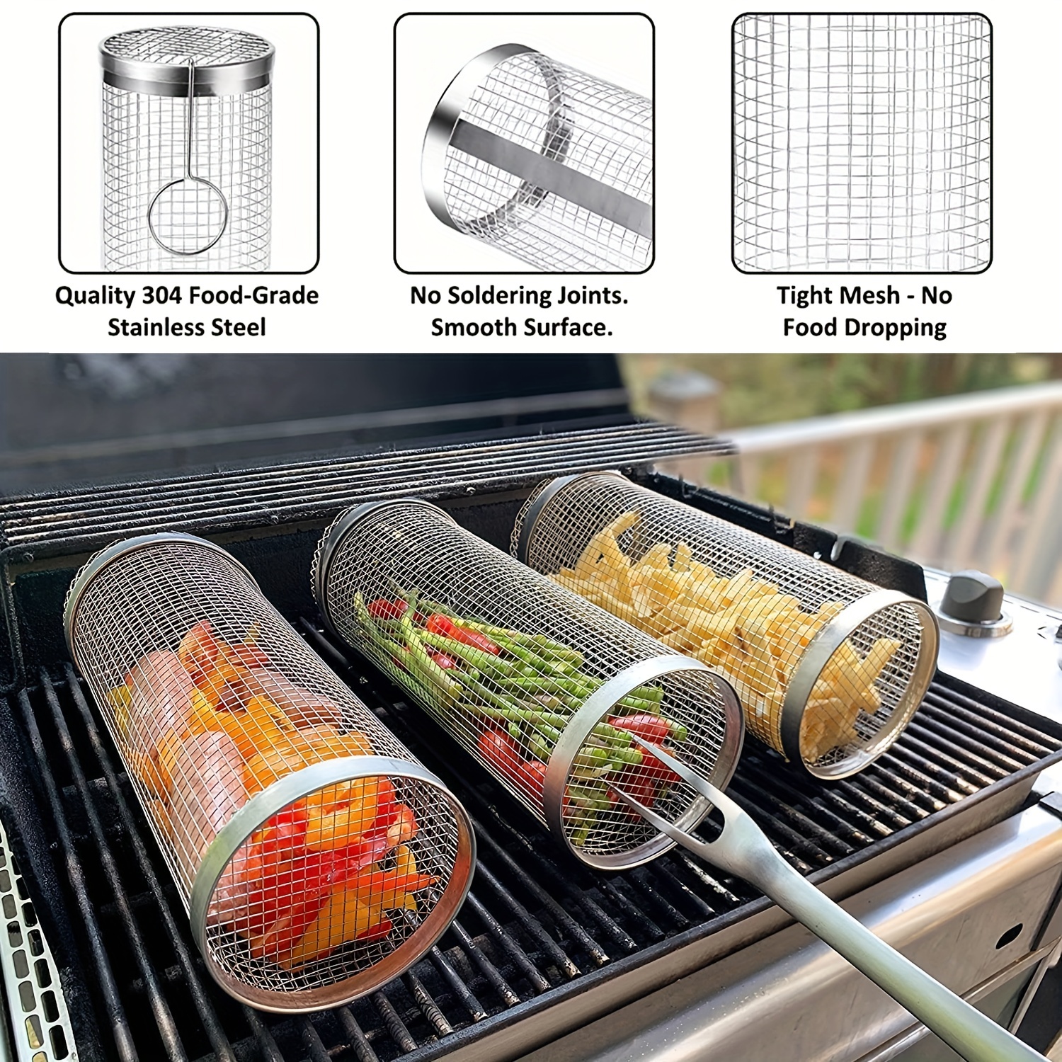 Large Stainless Steel Rolling Grilling Basket Mesh Barbeque Grill