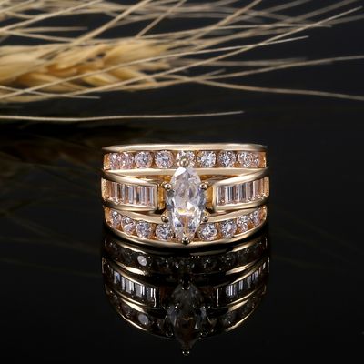 Personality Golden Three Row White Zircon Engagement Wedding Ring Fine Jewelry For Women Girls