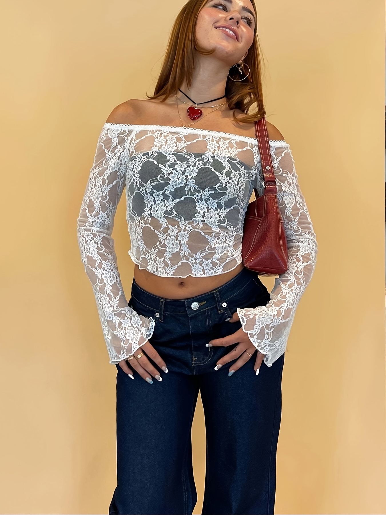 Women Lace Long Sleeve Shirt Top Y2K Slim Fit Crop Top Sexy Lace