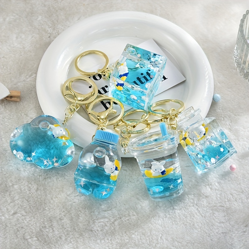 Creative Liquid Heart Bathtub Acrylic Keychain Floating Pearls Rabbit Bear  Cat Doll Keyring Women Kids Backpack Key Chain Gift