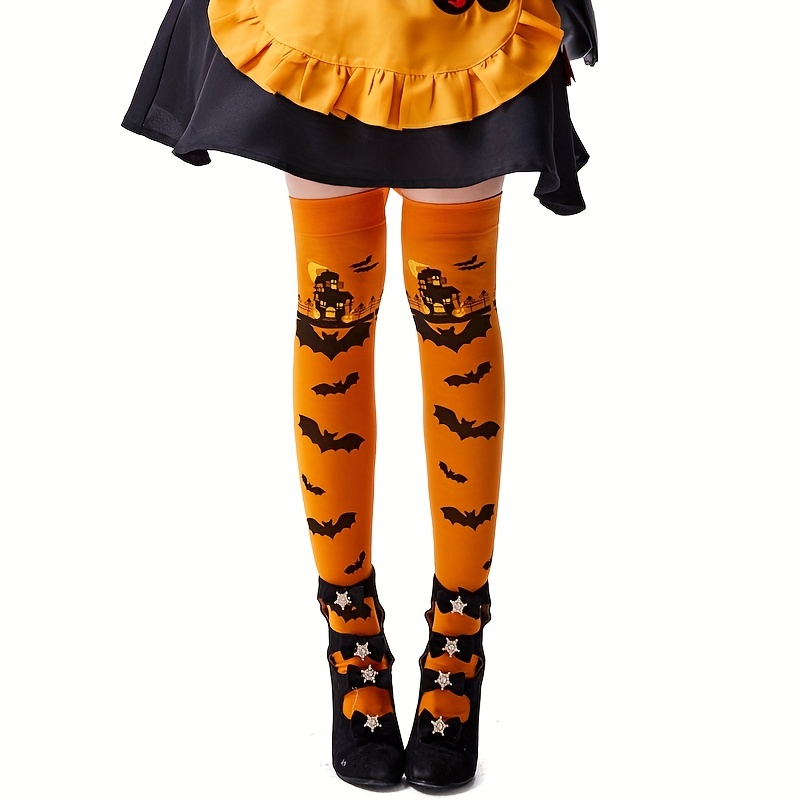 Bat Print Thigh High Socks Halloween Party Knee Socks - Temu