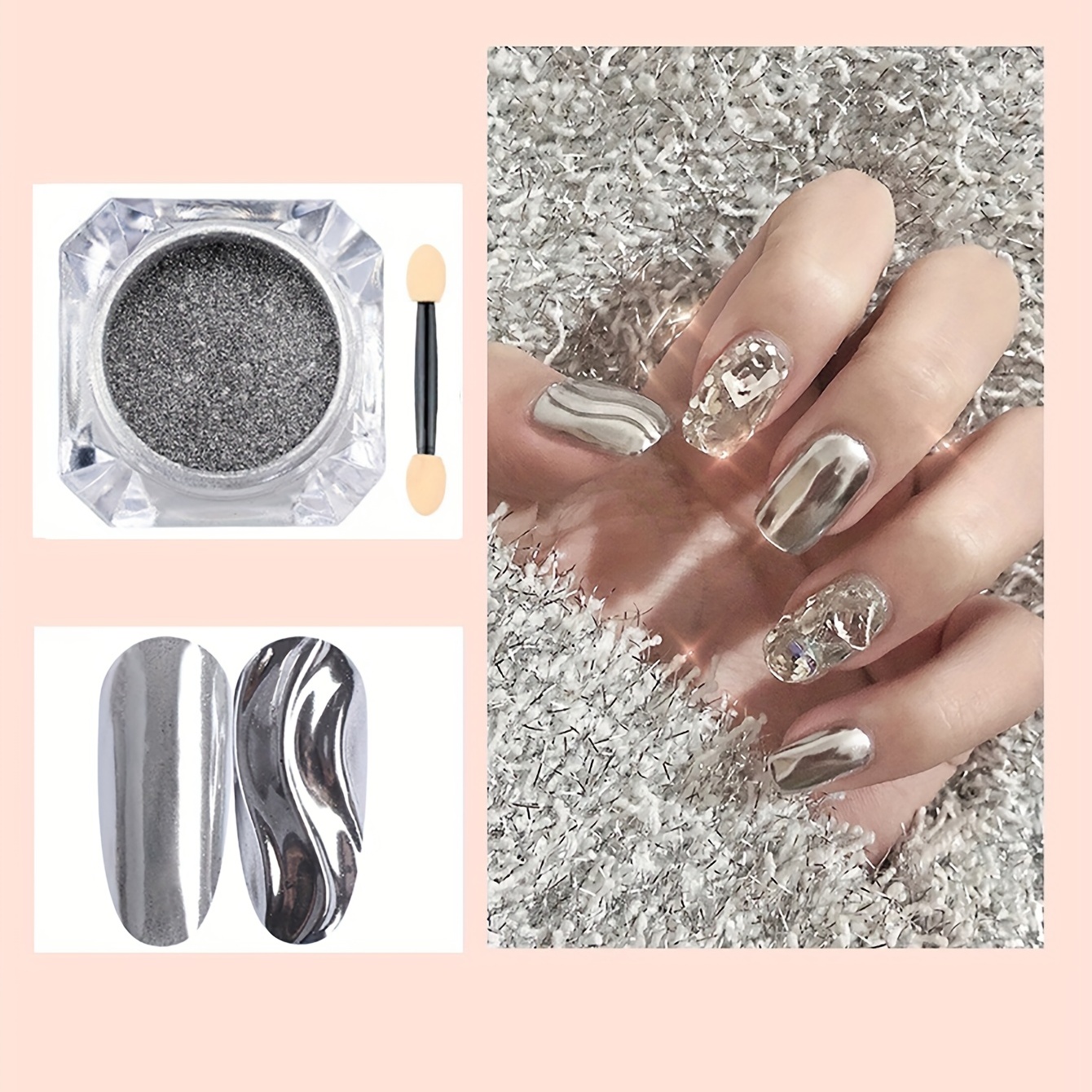2 Pcs Gold Silver Chrome Nail Powder,Nail Art Mirror Glitter Effect Highly  Pigmented Dust Metallic Holographic Mirror Nail Art Makeup Powders Chrome