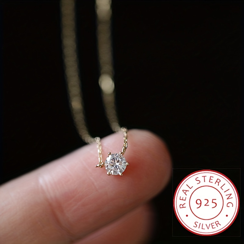 

925 Sterling Silver Minimalist 6-prong Round Cut Zircon Geometric Pendant Necklace Fine Jewelry For Women