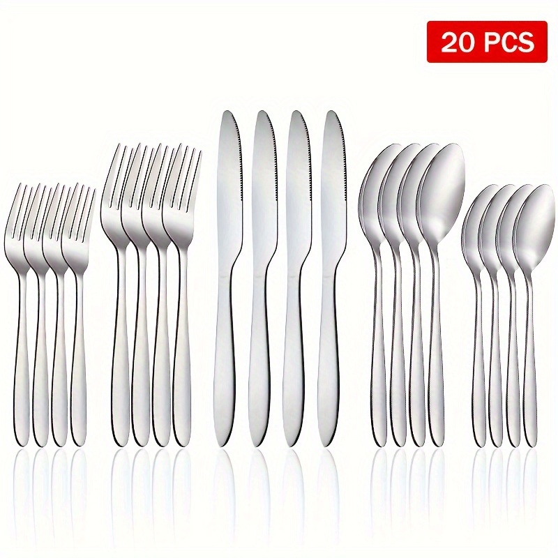 

20pcs Stainless Steel Silvery Cutlery Set, Knife, Fork And Spoon Set With Steak Knife, 4 Person Service Stainless Steel Cutlery Set, Mirror Polished Cutlery Set, Kitchen Tableware, Fork And Spoon Set