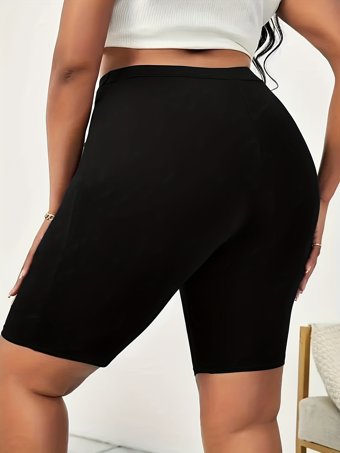 Plus Size Casual Shorts, Women's Plus Plain Solid Under Dress Mid Thigh  Soft Biker Shorts