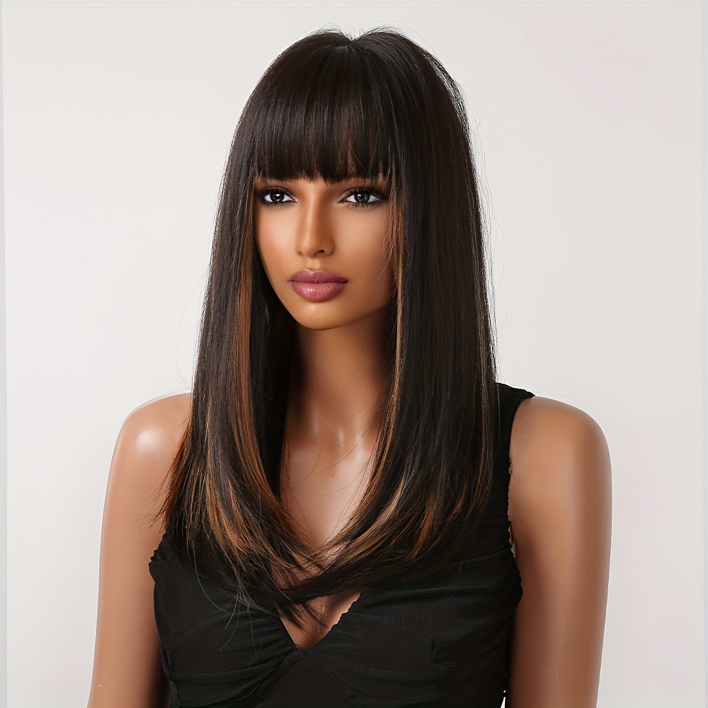 Long straight sangria human Hair buying blend daily wig with bangs