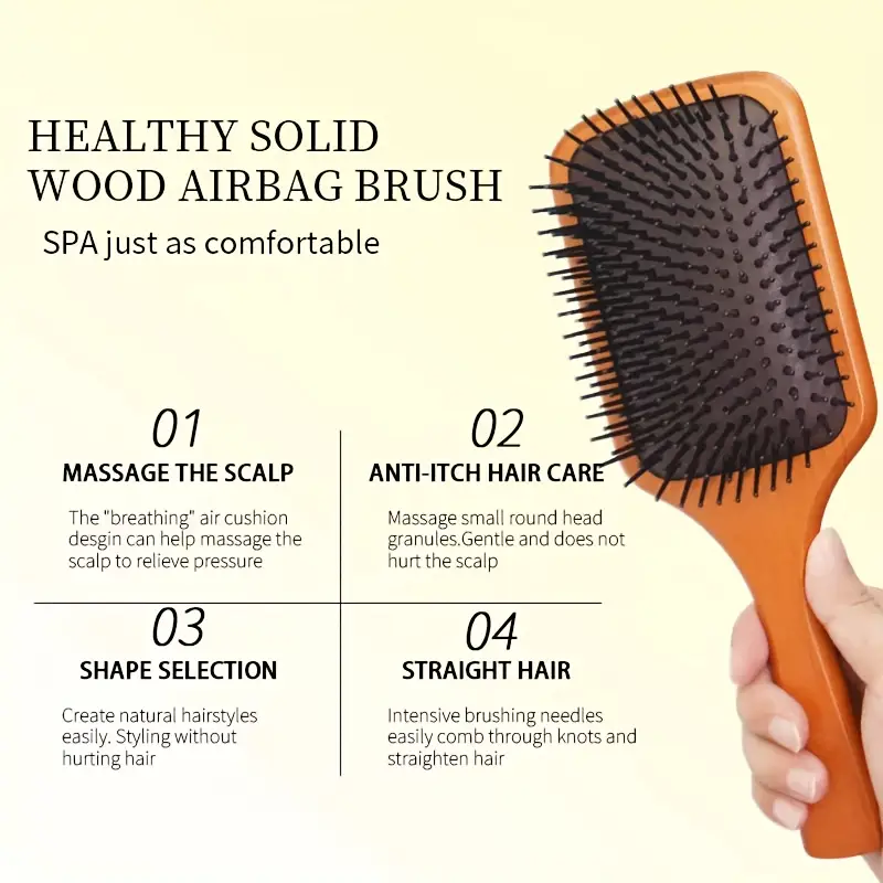 wooden paddle scalp massage comb air cushion detangling hair brush wooden hairdressing comb for salon home use for women men details 1