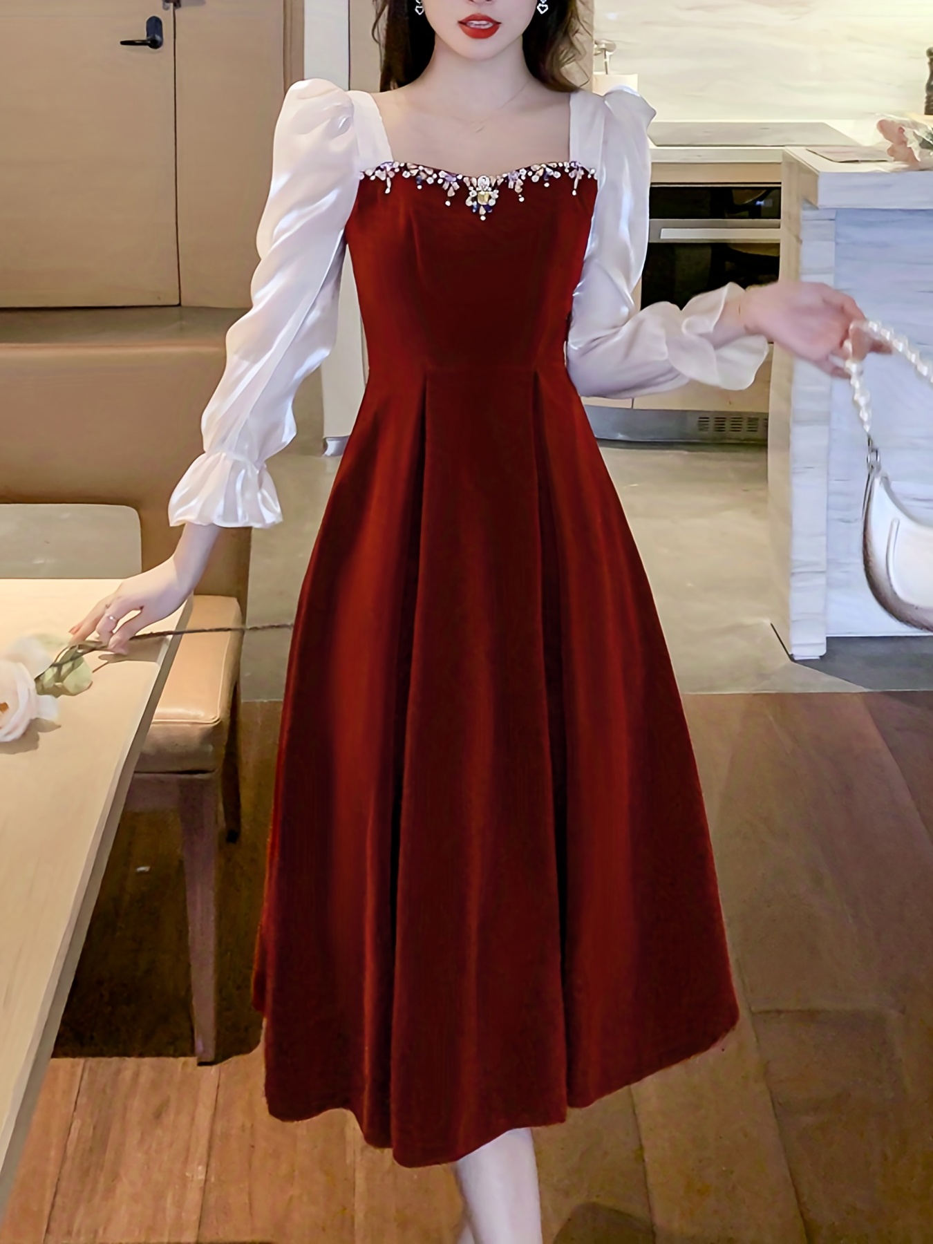 Women's Dresses Red Solid Ruffle Trim Dresses - Temu