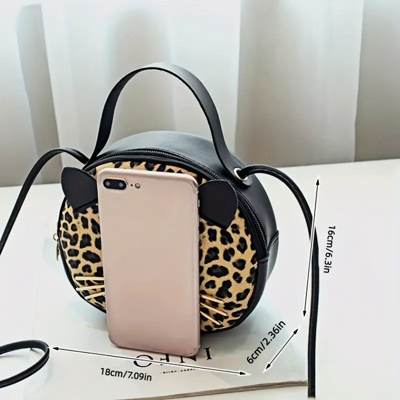 cute cat crossbody bag for women glitter sequins round handbag fashion leopard print shoulder purse details 7