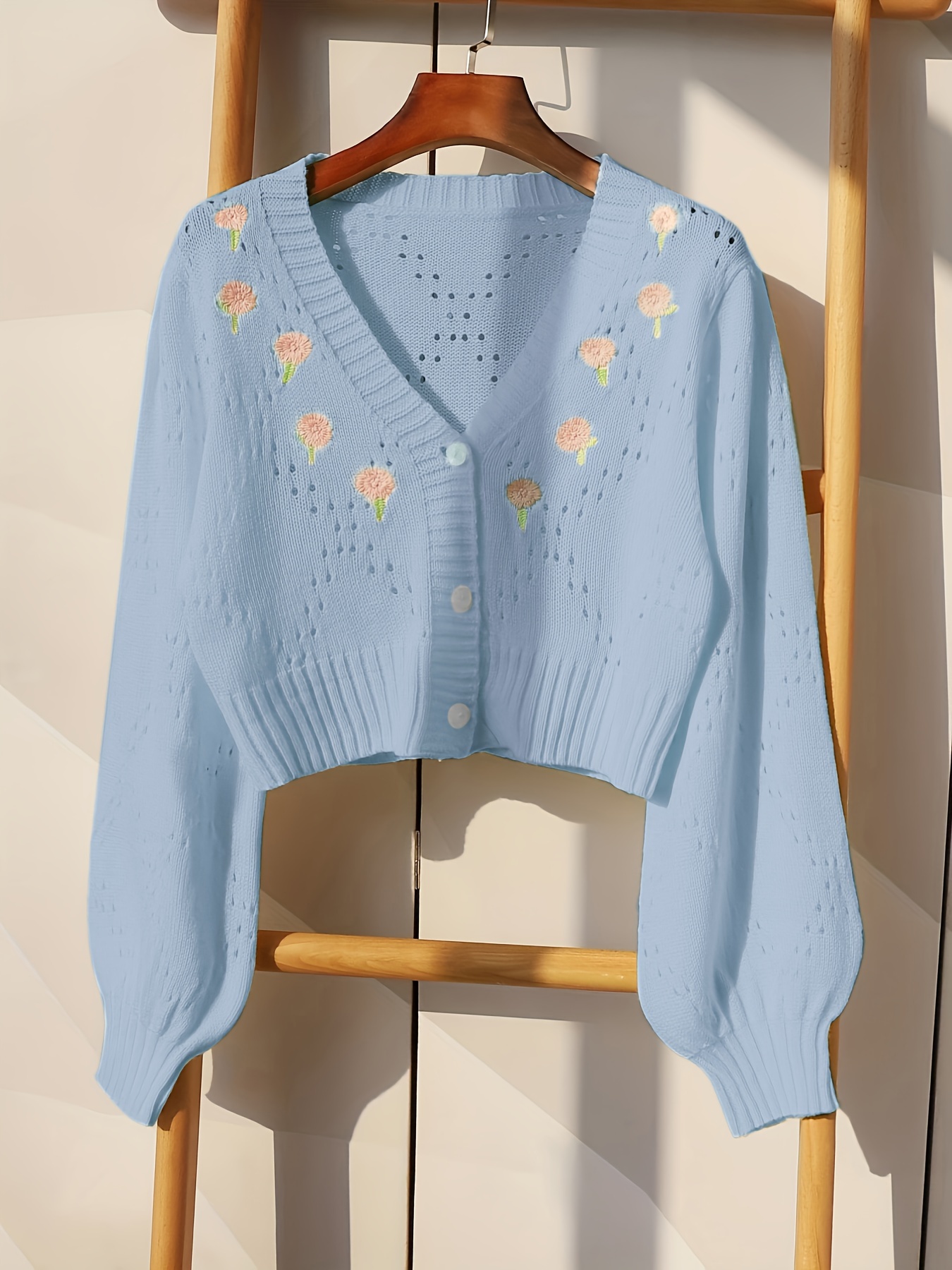 Serendipitous - Plain Pointelle Button-Up Knit Cropped Cardigan