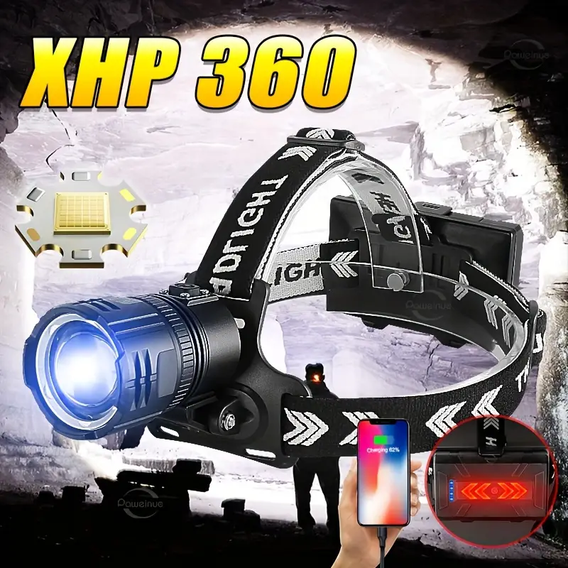 1pc Súper Brillante XHP360 Led Linterna Frontal, Linterna Frontal  Recargable, Potente Linterna Frontal De Alta Potencia, Linterna Frontal  Impermeable