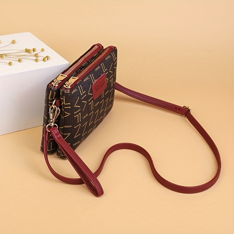 Letter Print Crossbody Bag, Double Zipper Clutch Purse, Women's Faux  Leather Handbag With Wristlet - Temu Lithuania