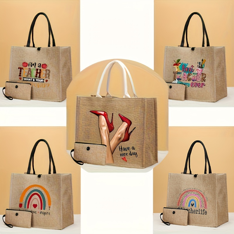 

2pcs Linen Tote Bag Set, Teachers Day Gift Bag, Fashion Shopping Bag With Mini Coin Purse