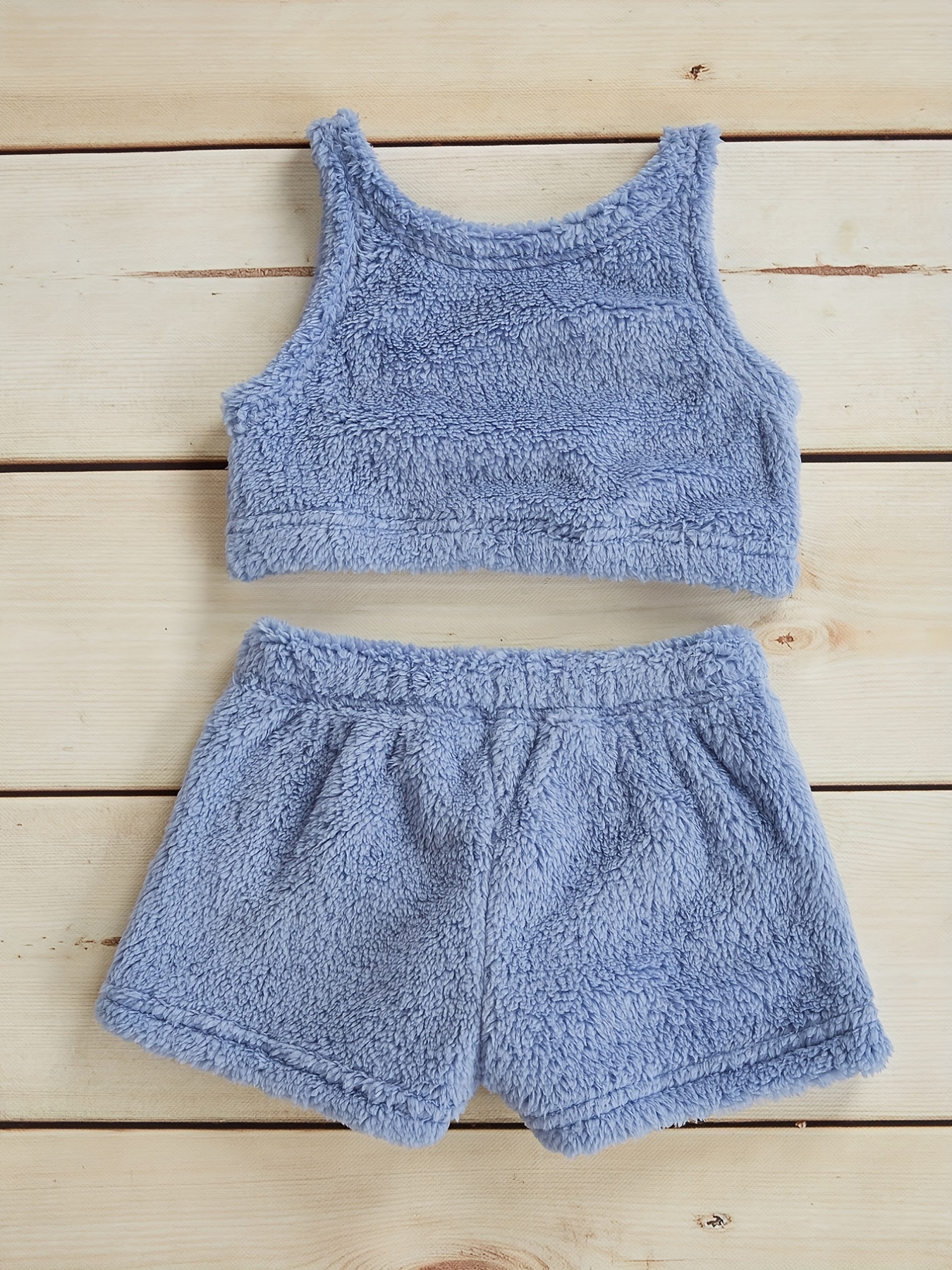 2pcs Girl's Fuzzy Fleece Outfit, Crop Tank Top & Shorts Set, Solid Color,  Kid's Clothes For Summer