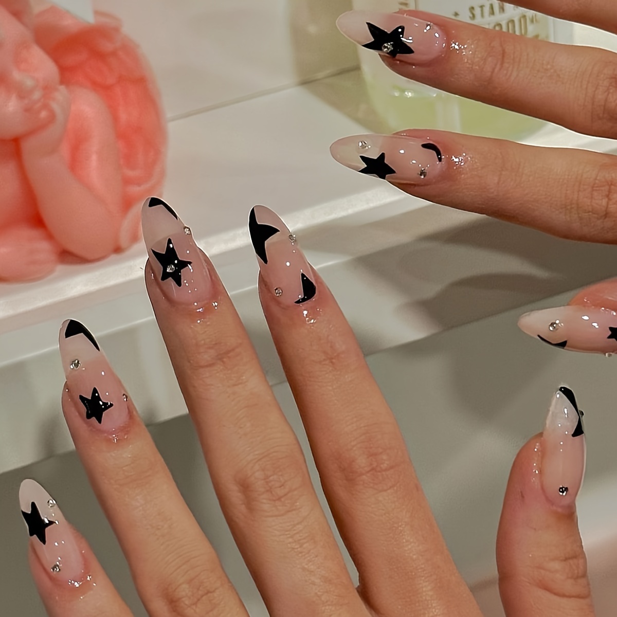 Gothic Style Nails Nude Press Nails Silver Ripple - Temu