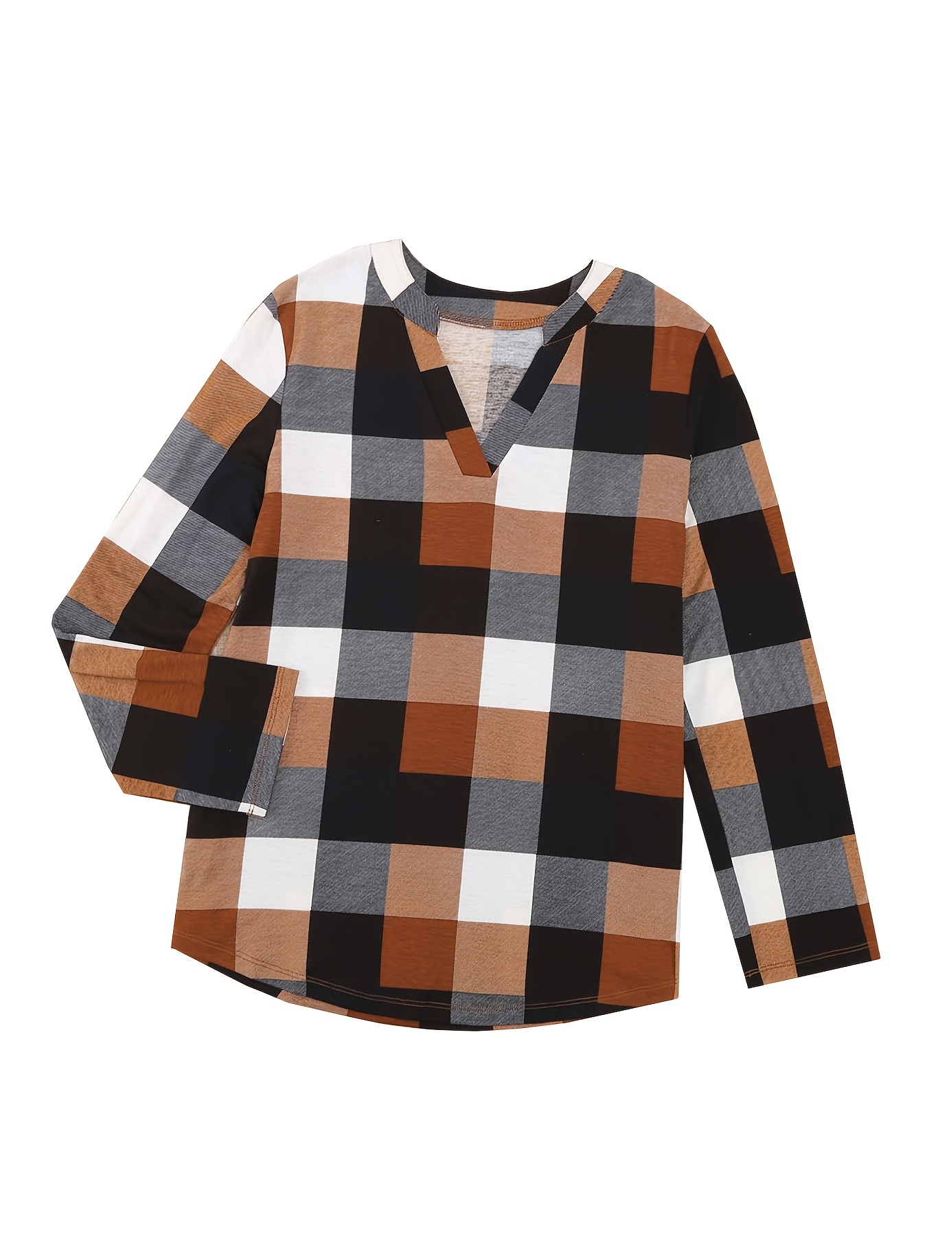 Plaid Color Block Blouse, Casual Long Sleeve V-neck Blouse, Casual Every  Day Tops, Women's Clothing