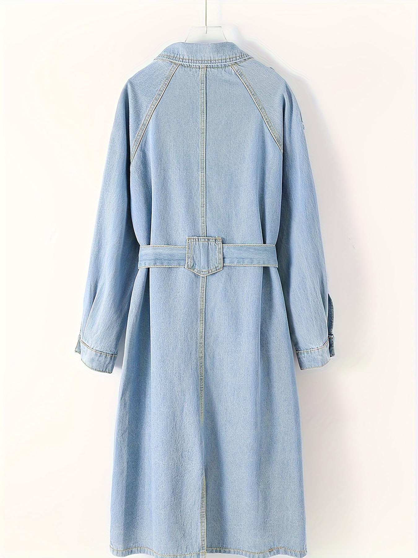 Blue Long Sleeves Long Denim Coat, Flap Pockets With Waistband Casual ...