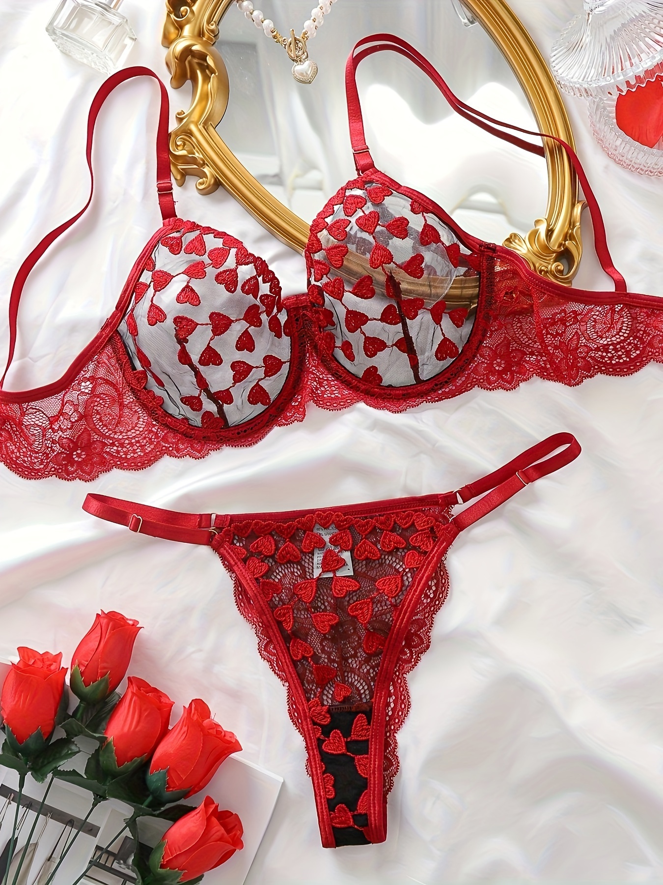 Heart Embroidery Lingerie Set Mesh Unlined Bra Strappy Thong