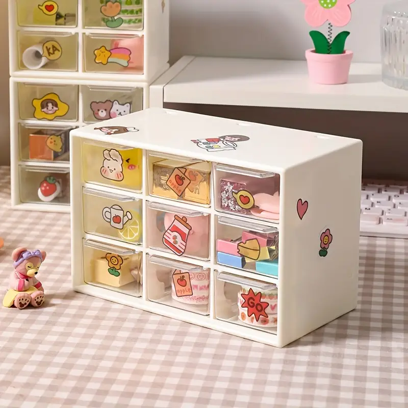 Mini Plastic Storage Organizer And Cute Stickers, Mini Drawer