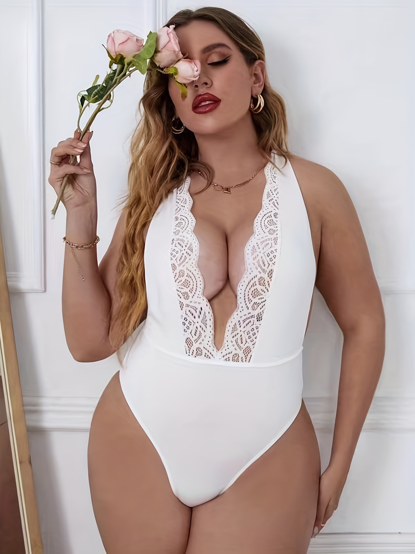 Plus Size Sexy Bodysuit Women's Plus Solid Contrast Lace - Temu