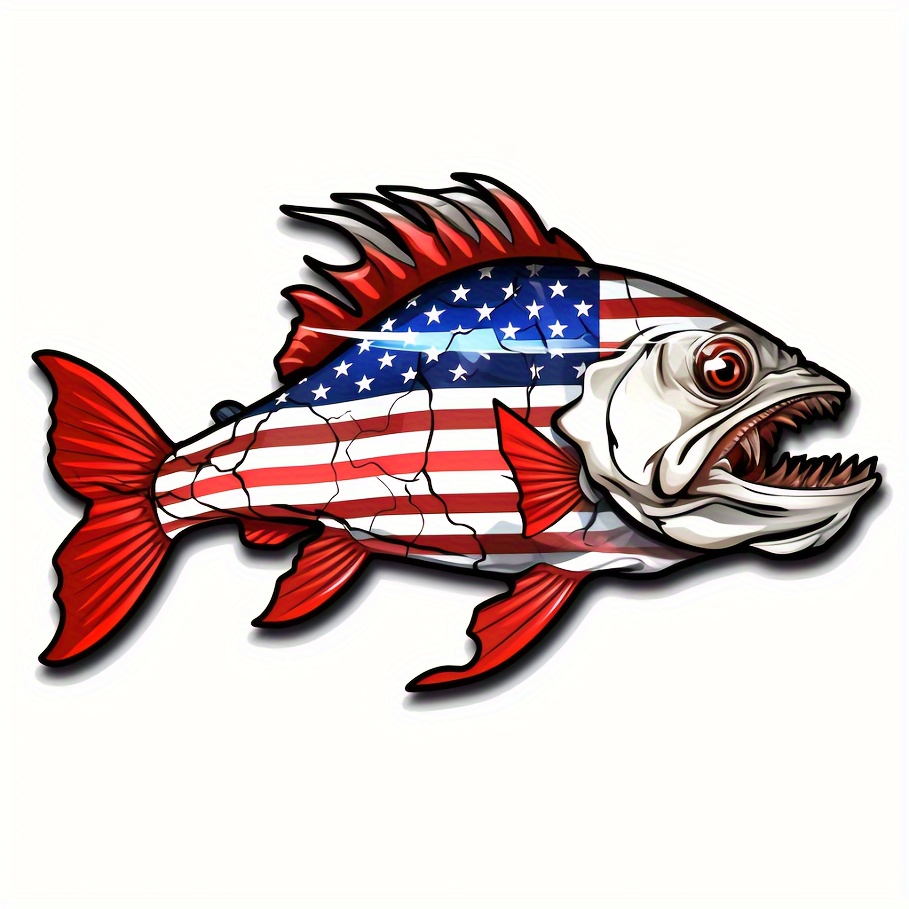 1 Scary Bone Fish With American Flag Design Decals Creative - Temu