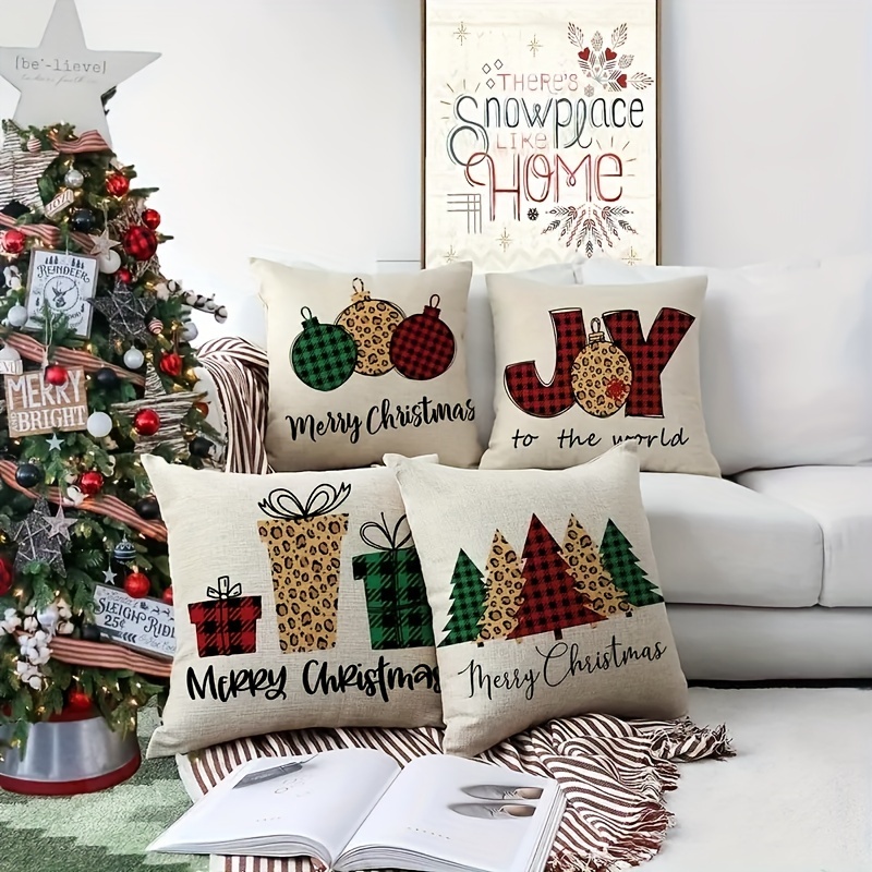 4pcs/set Christmas Linen Blend Throw Pillow Case, Square Cushion Case,  Decorative Pillow Cover For Living Room Bedroom Couch Sofa, Home Decor Room  Dec