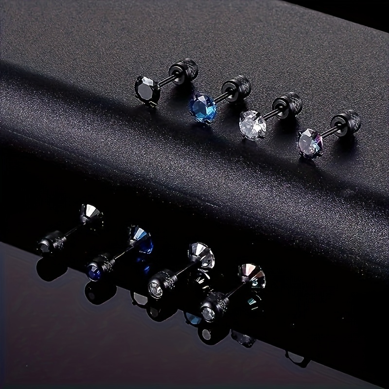 4 Pairs Stainless Steel Cubic Zirconia Stud Earrings for Men
