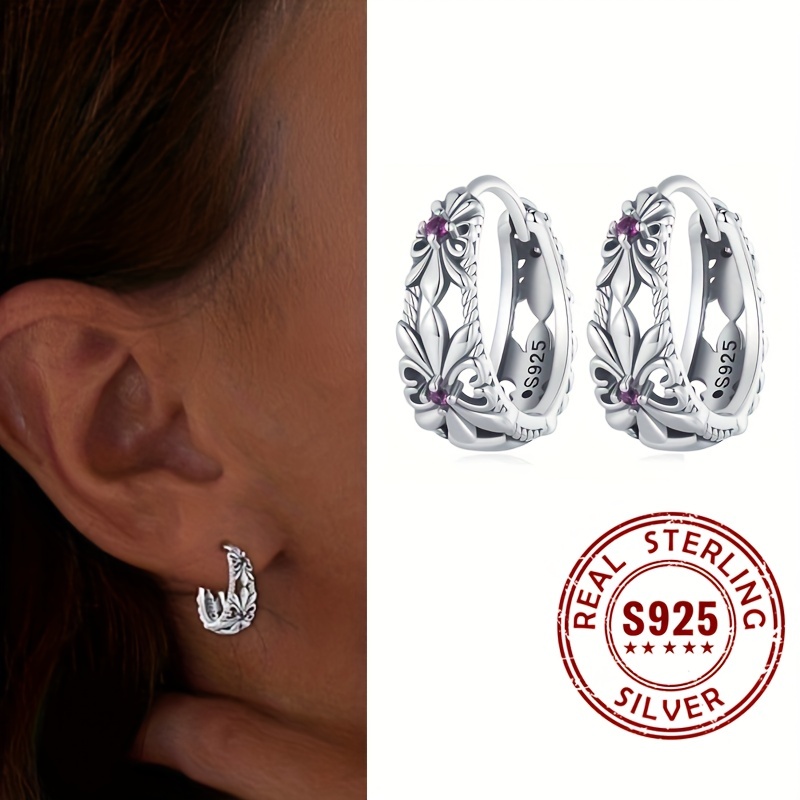 

925 Sterling Silver Hypoallergenic Ear Jewelry Hollow Flower Pattern Shiny Zircon Decor Hoop Earrings Vocation Simple Style Delicate Female Gift
