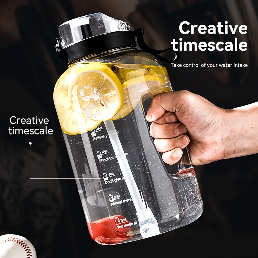 Sports Water Bottle with Straw, 1 Litre Motivational Leakproof Water Bottle with Time Markings, Cleaning Brush, BPA Free Drink Bottles for Cycling