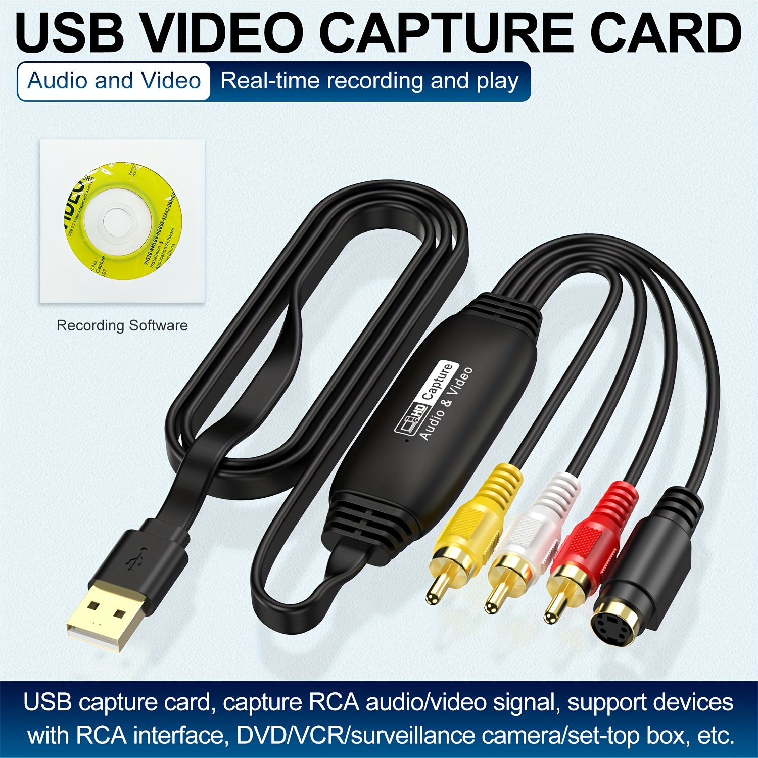 Video Capture USB 2.0 Capture Card ,Drive-free AV Signal Capture Data  Collector, Product Line One Meter Long,Easy To Use, USB To RCA Cable,USB  Male To
