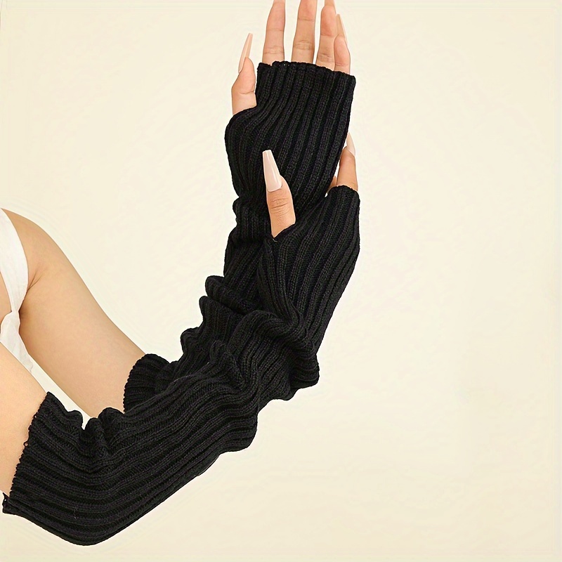 

Solid Color Striped Knit Gloves Casual Warm Elastic Arm Cover Autumn Winter Coldproof Fingerless Elbow Gloves With Thumb Hole