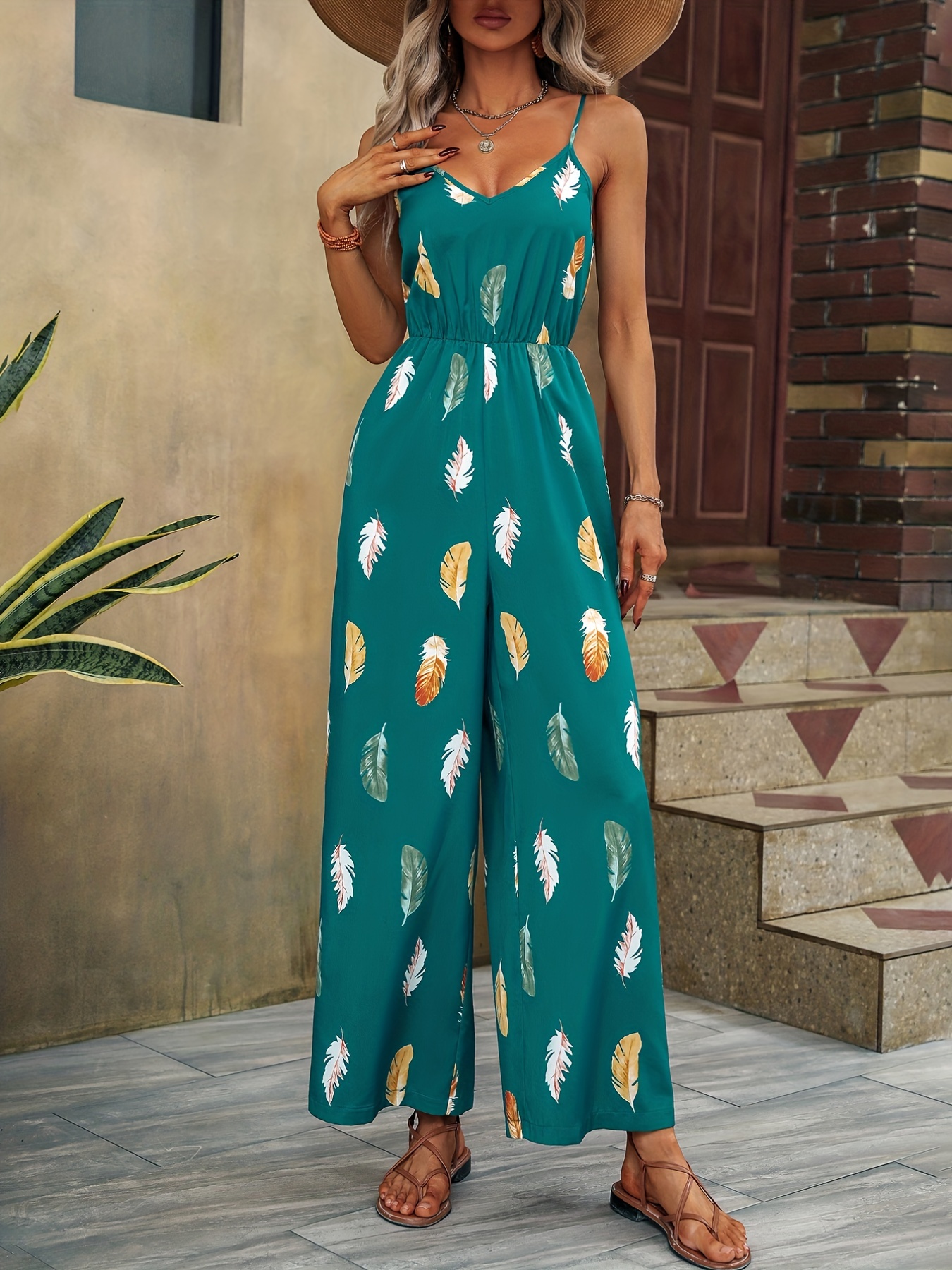 Feather Print Cami Jumpsuit Elegant V Neck Wide Leg - Temu