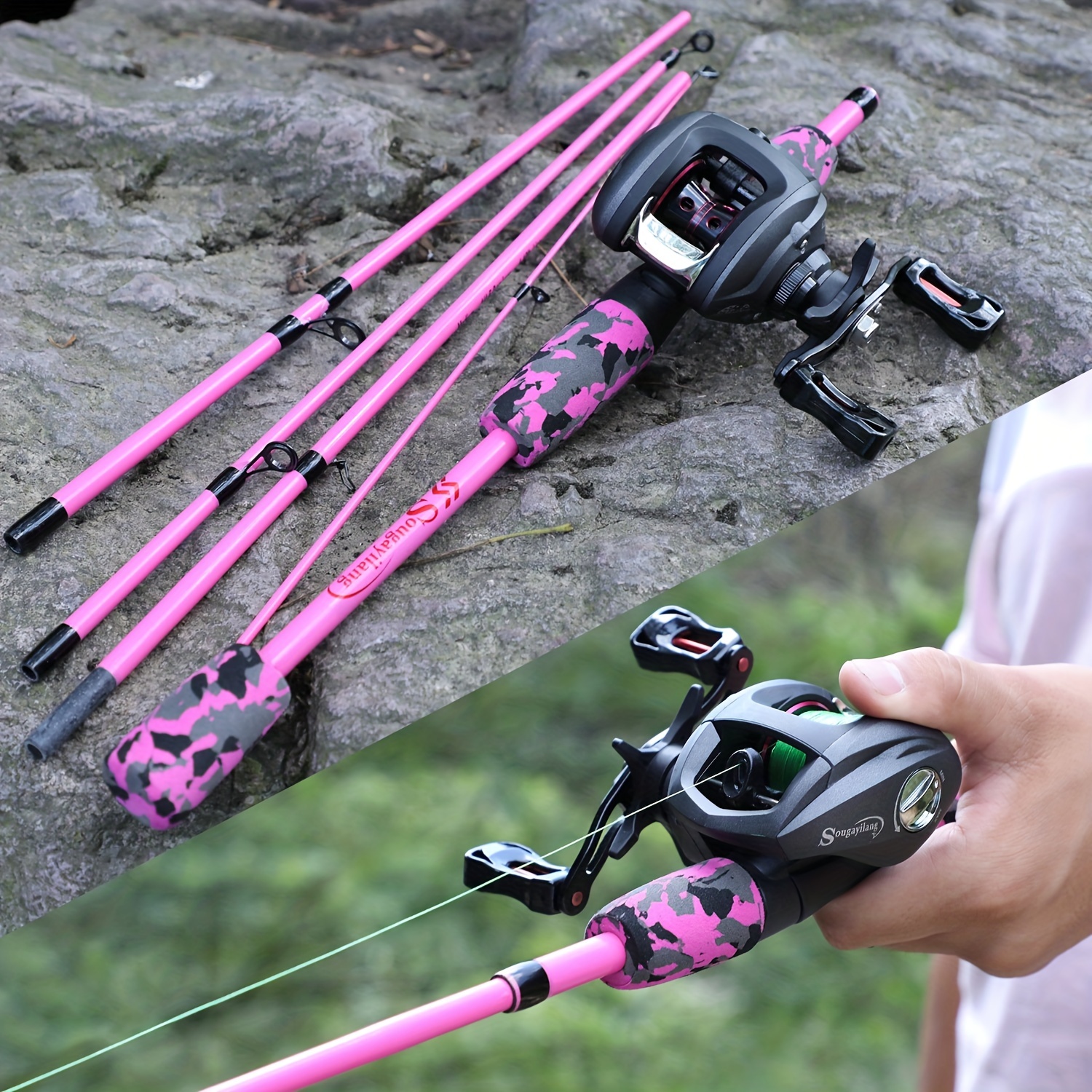 Fishing Rod Reel Lure Hook Connector Combos Casting Fishing Pole 5 Sections  With 13BB Baitcasting Reel Portable Travel Fishing