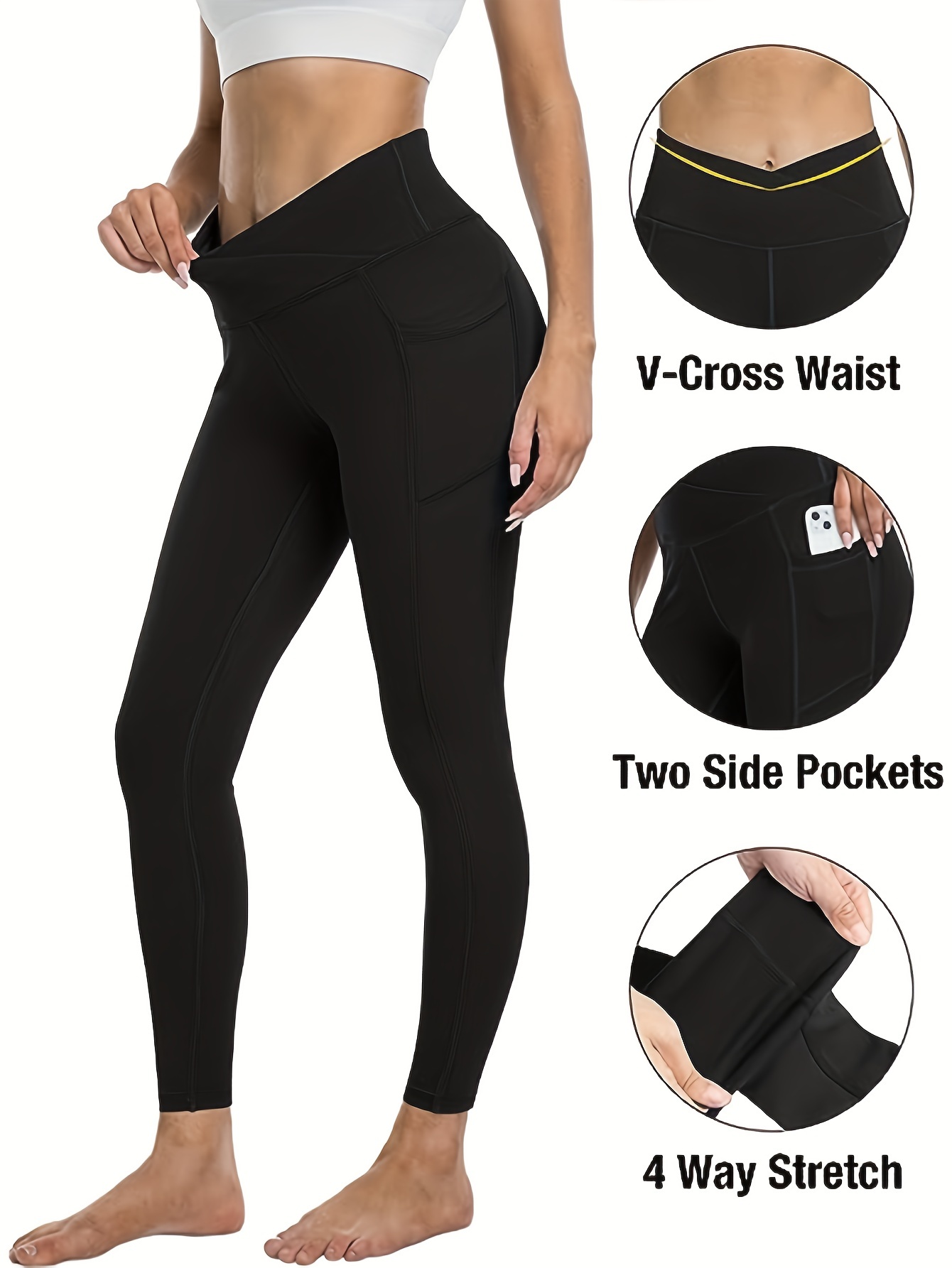 Buy High Waisted Womens Leggings with Pocket V Cross Tummy Control