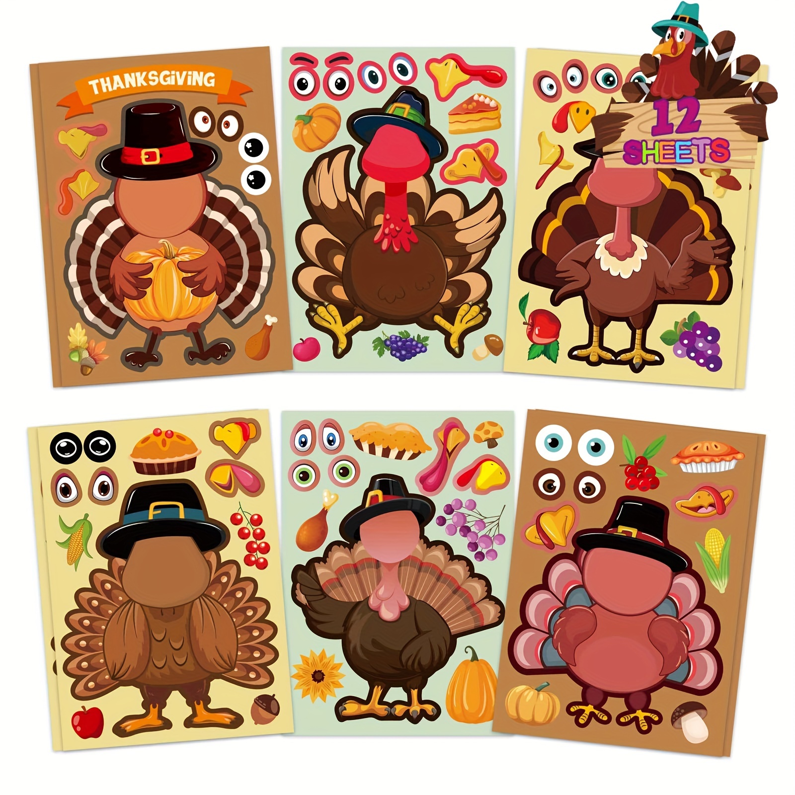 

12 Sheet Turkey Stickers, Thanksgiving Day Party Favors Supplies Stickers For Games, Crafts Stickers Autumn Thanksgiving Day Decoration