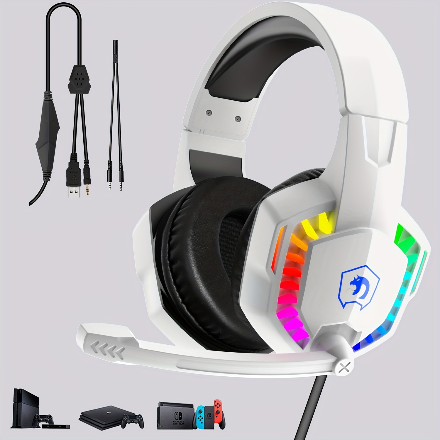 Auriculares estéreo con cable para juegos, auriculares USB, auriculares  estéreo grandes con micrófono para PS4 X-Box Gamer PC Phone (color: gris,  con LED) : Videojuegos 