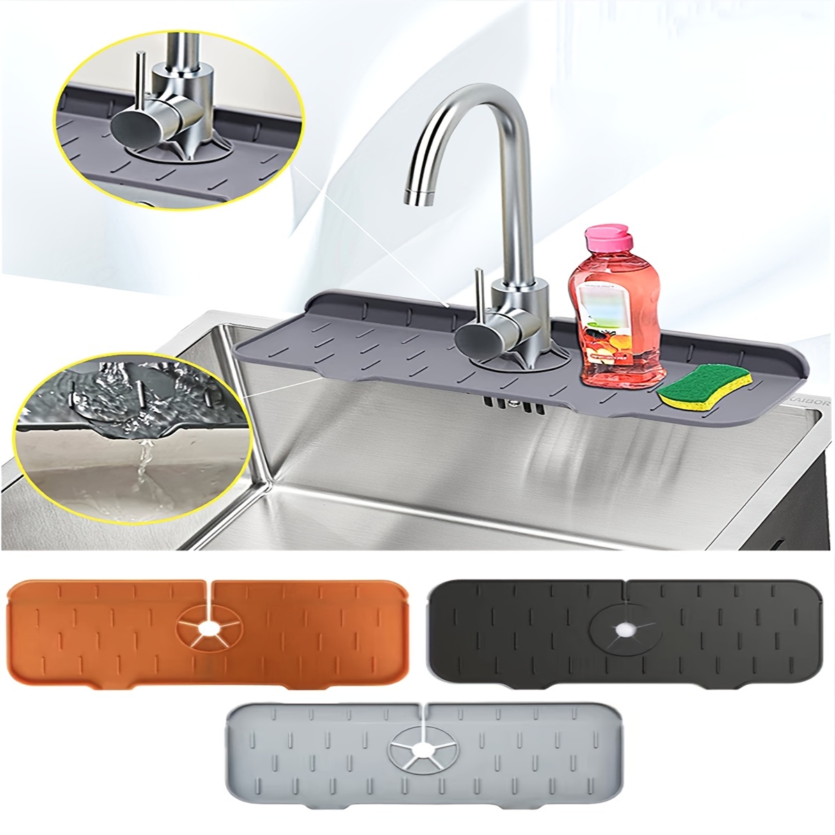 Kitchen Sink Splash Guard Mat - Silicone Sink Water Splash Catcher Pad  Behind Faucet for Kitchen, Bathroom, Sink Draining Dish Drying Mat  Countertop Splash Protector & Storage 